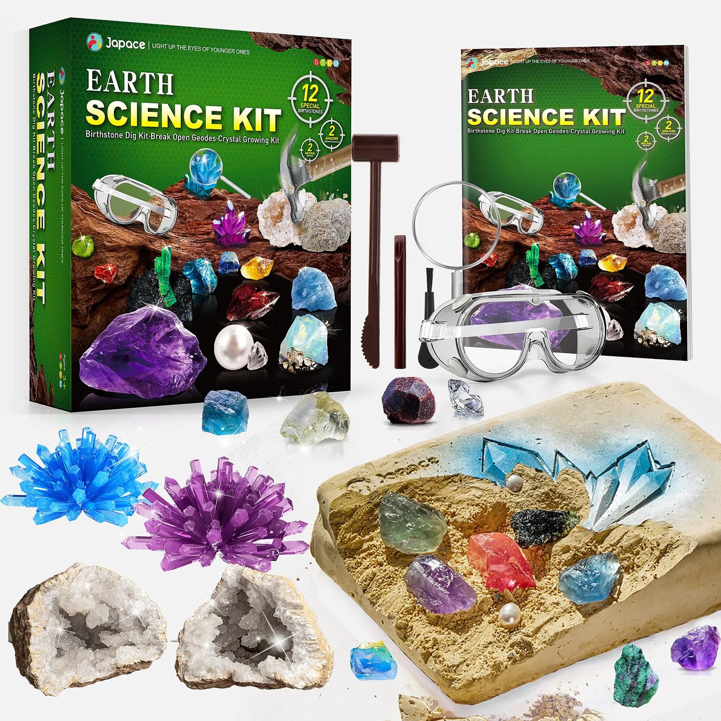 Earth Science Kits for Kids Age 4-6-8-12-14 Birthstone Gemstone Dig Kit Geology Kit with Break Your Own Geodes Crystal Growing Experiment Rock Mining Kit Birthday Gifts Toys for Boys Girls