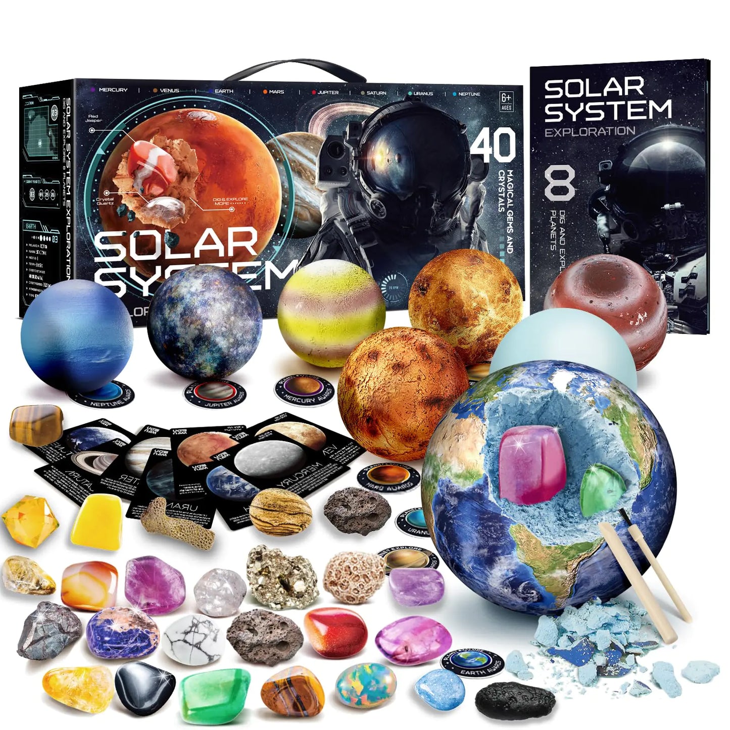EDUMAN Gemstone Dig Kit - Dig up 40 Real Gems & Crystals with Mining Kit Tools Solar System Eight Planets Toys for Kids Age 6+ STEM Science Educational Toys Space Toys Gift for Boys and Girls