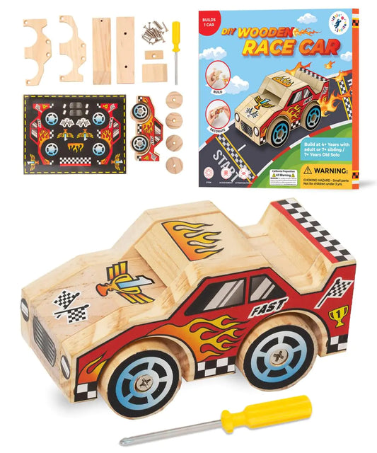DIY Wooden Kits w/ Stickers - Kids Building Kit - Stem Building Toys - Wood Crafts for Kids - Building Kits for Kids - Woodworking Kits for Kids - Wood Building Kits for ages 4-7 Yrs (Race Car)