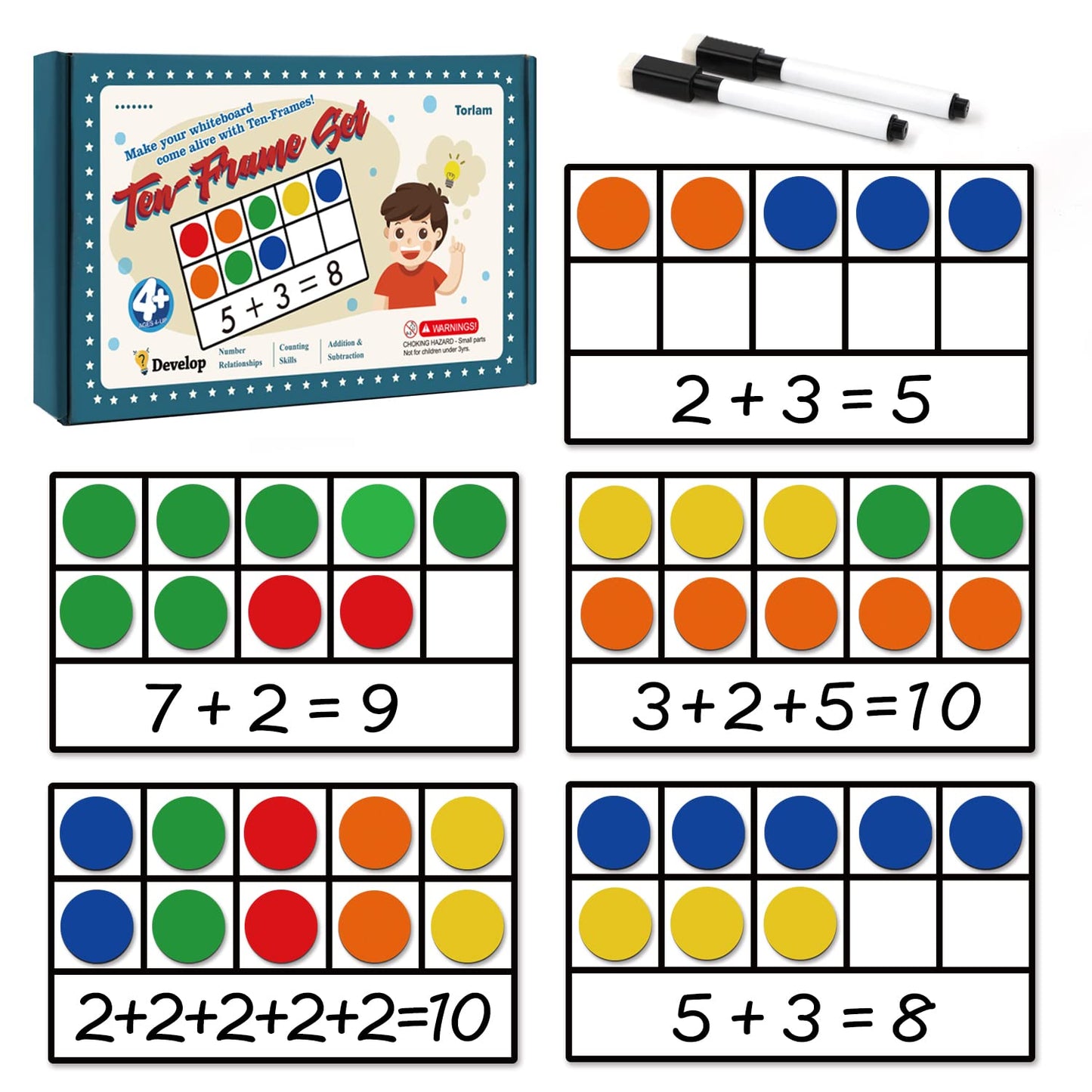 Magnetic Ten-Frame Set - Math Manipulative for Elementary - 5 Ten Frames & 55 Magnetic Math Counters for Kids Math Games for Kindergarten (Upgraded Version for Hand-held & 2 Black Pens)
